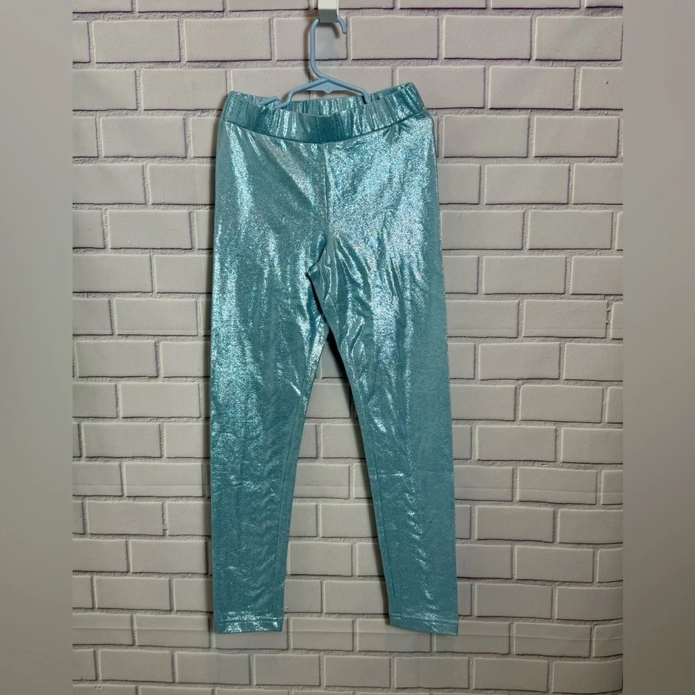 Girls Metallic Blue Shimmer Leggings Size L 10–12 NWT Stretch Elastic Waist